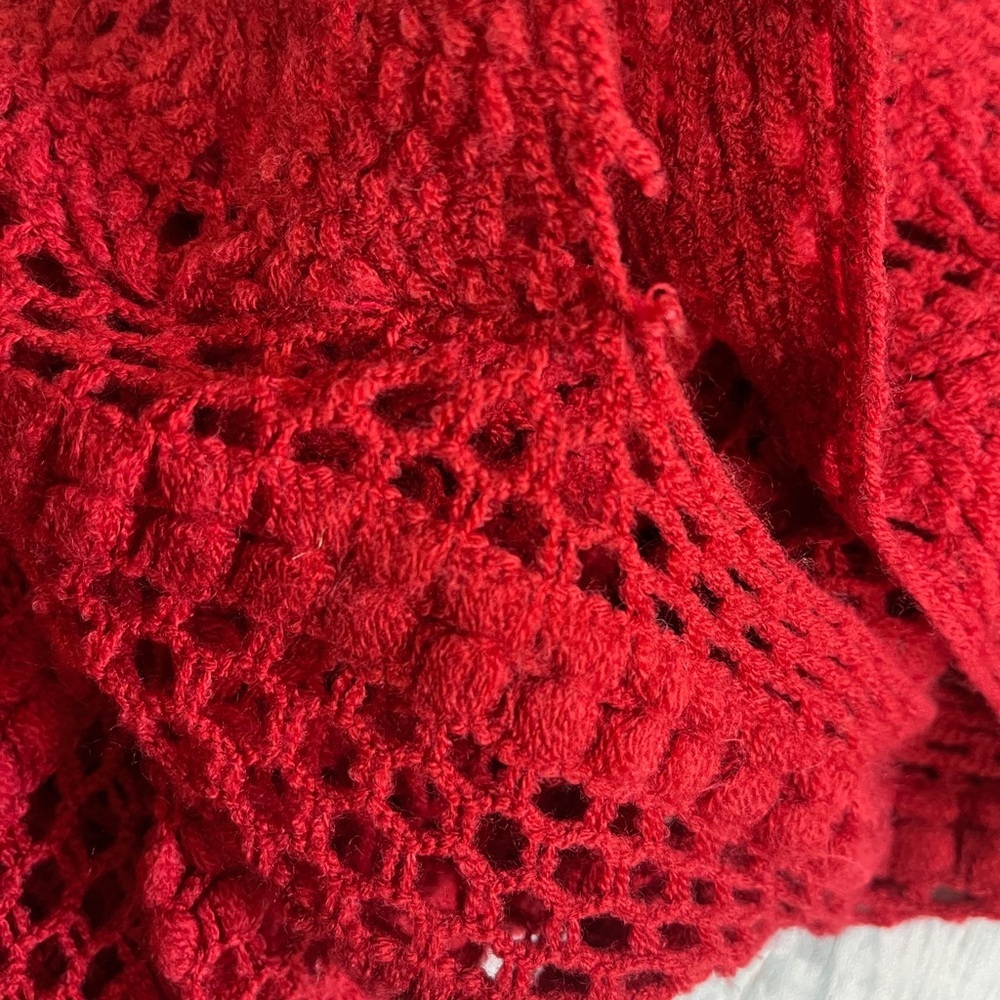 Women's Red Crochet Fringe Poncho Sweater OS - Picture 4 of 4
